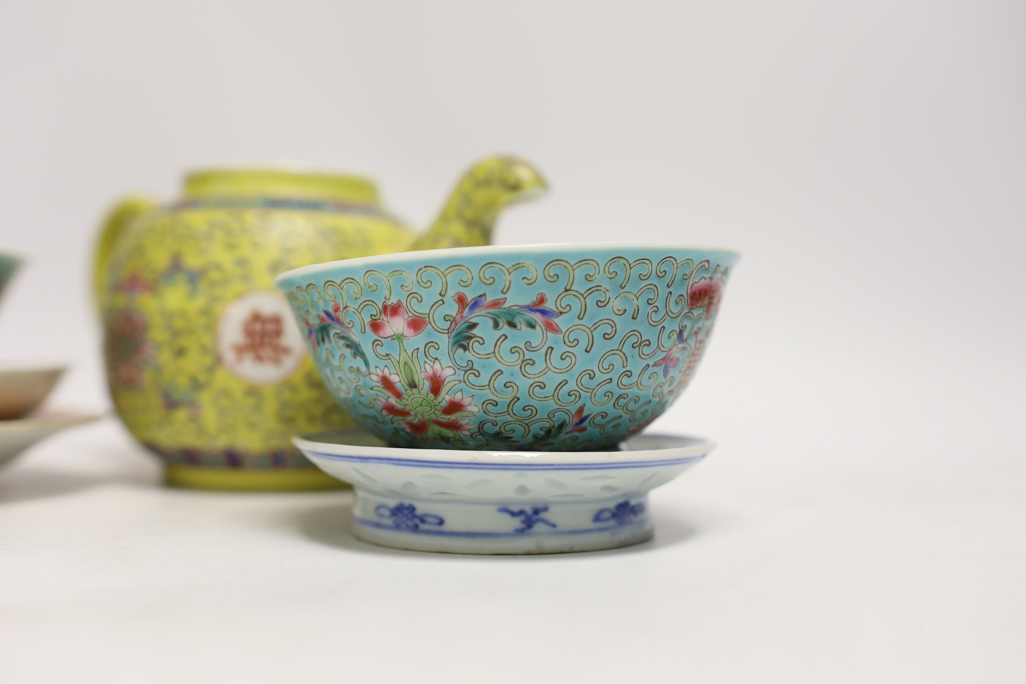 Six Chinese ceramic items; a teapot, two bowls and three small dishes, teapot 10cm